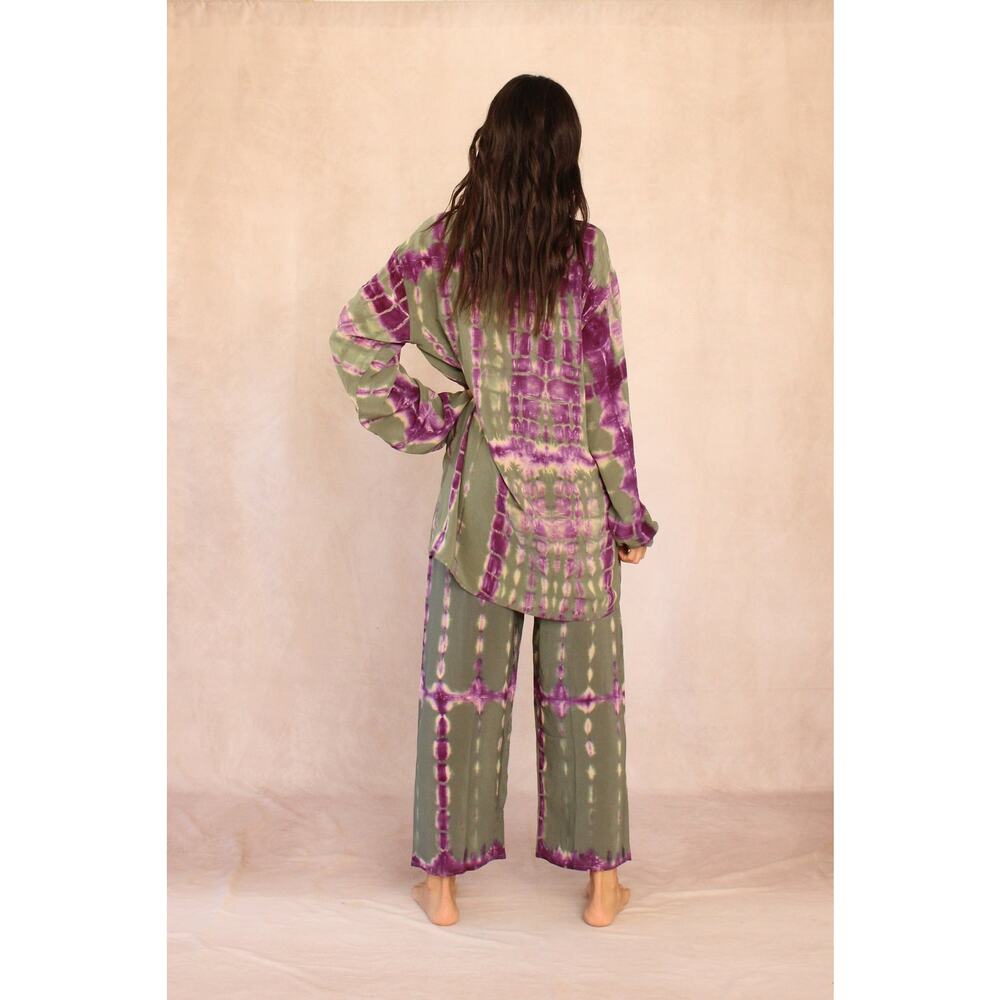 Sunchaser Tie-Dye Wide Leg Lounge Pants Olive Green Purple EUC - Picture 3 of 13